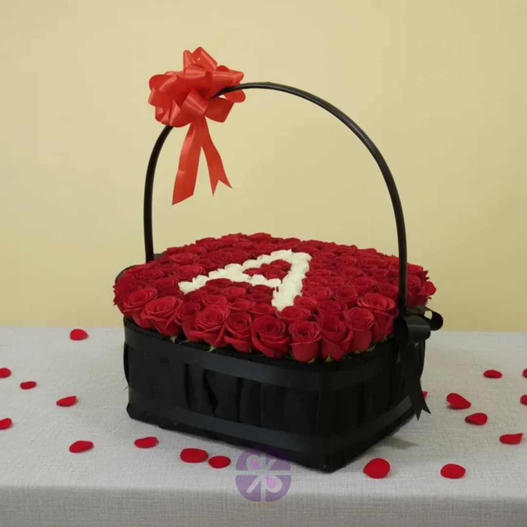 Eternal Love Personalized Fresh Red Rose Square Basket