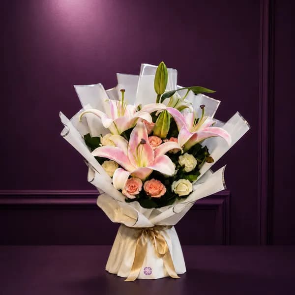 Pink Lily & Mixed Rose Stand Bouquet