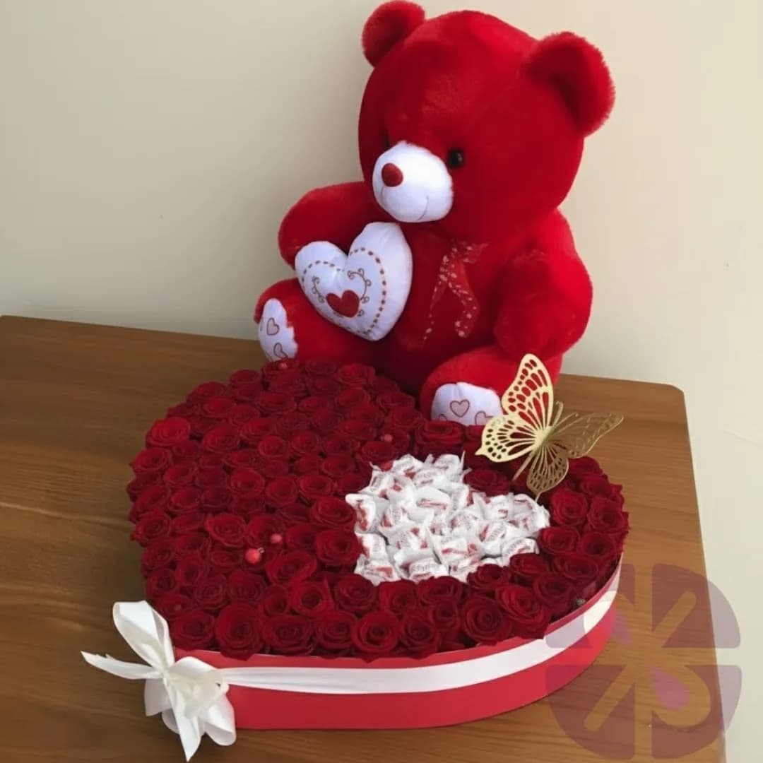 Luxury Love Teddy Bear & Premium 100 Red Roses Heart Box