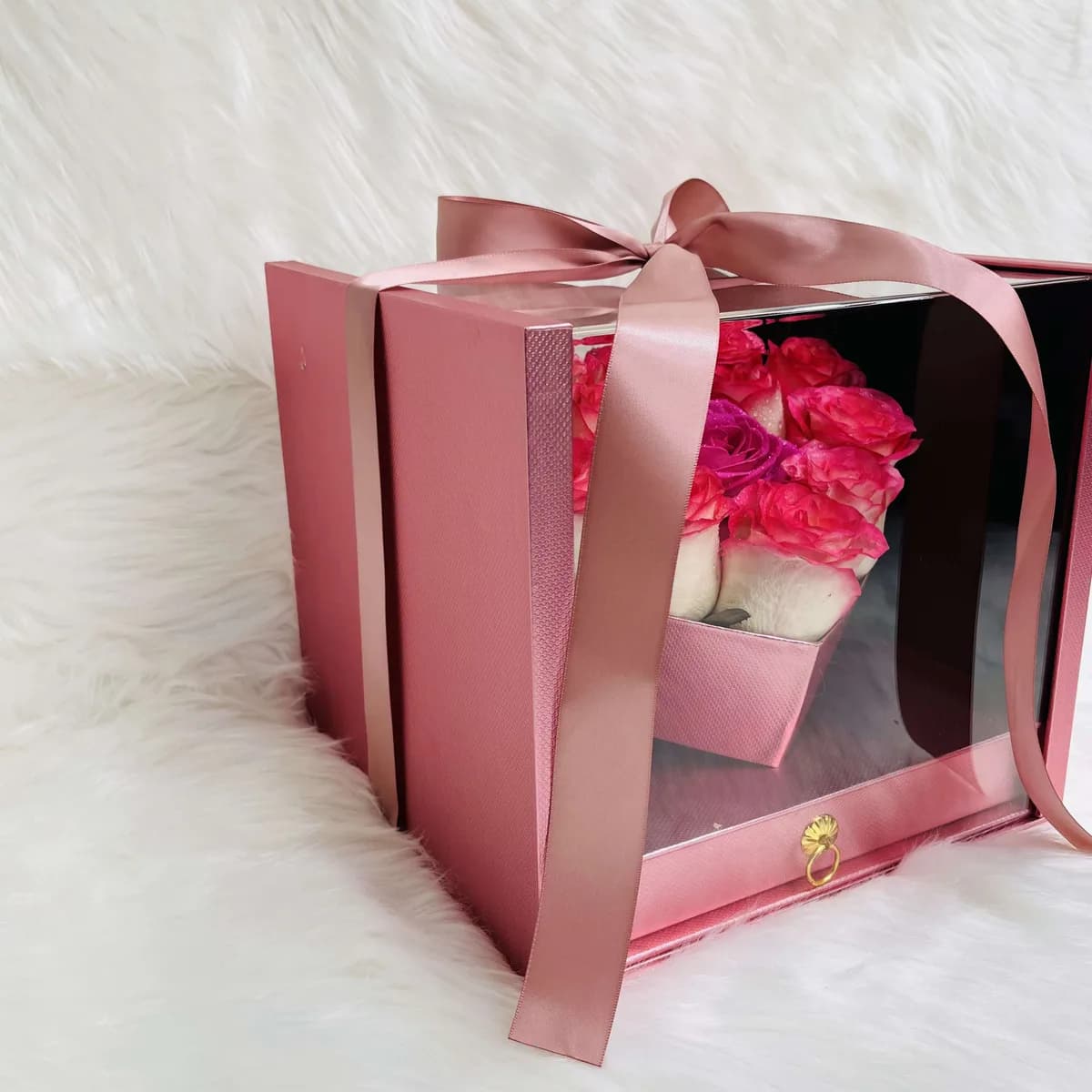 Pink Rose Heart in Luxury Acrylic Window Box with Hidden Ferrero Drawer