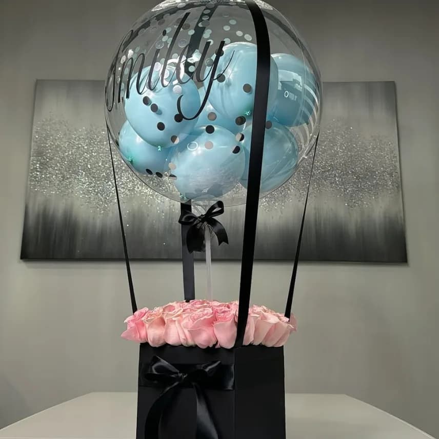 Custom Balloon Gift Box with Pink Roses & Blue Confetti Balloons