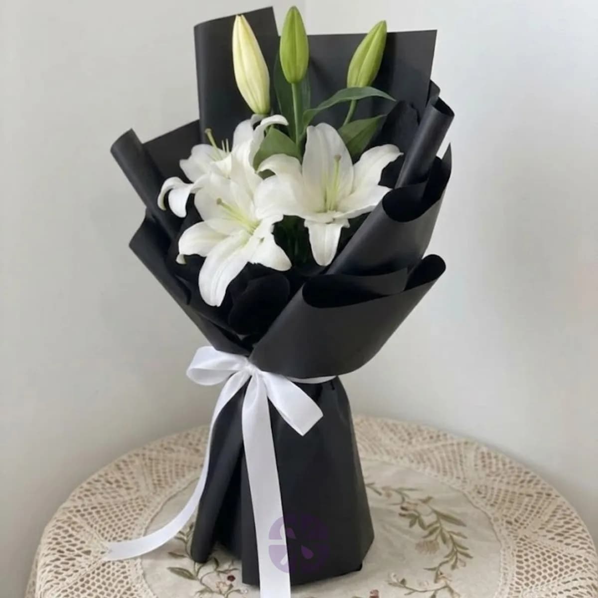Premium White Oriental Lily Hand Bouquet in  Black Wrap