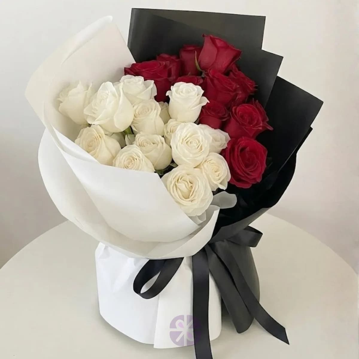 24 Chinese Rose Stand Bouquet Red & White Symmetry in Monochrome Wrap