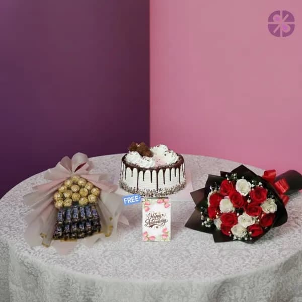 Classic Indulgence Fresh Rose Bouquet, Chocolate Bouquet & Cake Combo