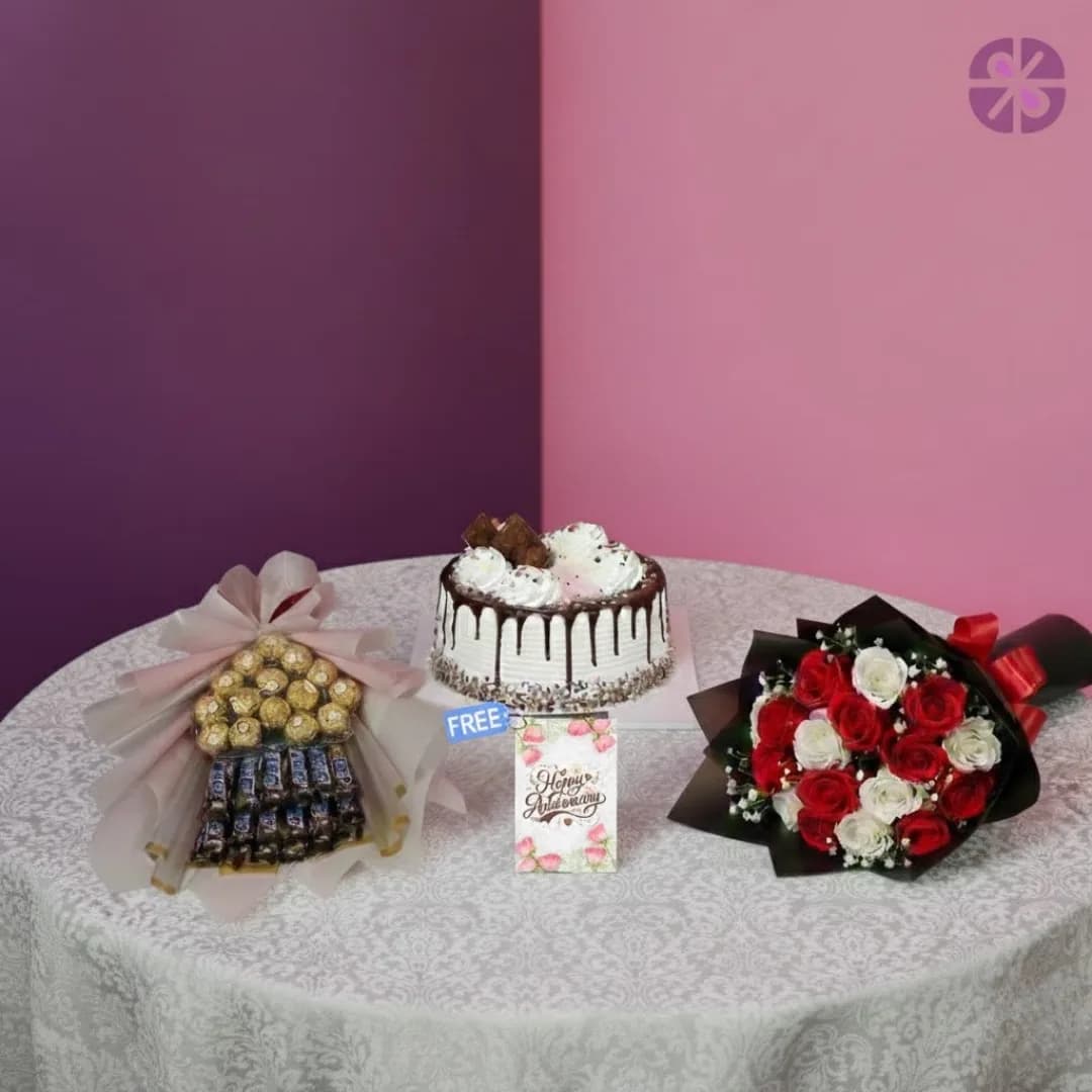 Classic Indulgence Fresh Rose Bouquet, Chocolate Bouquet & Cake Combo