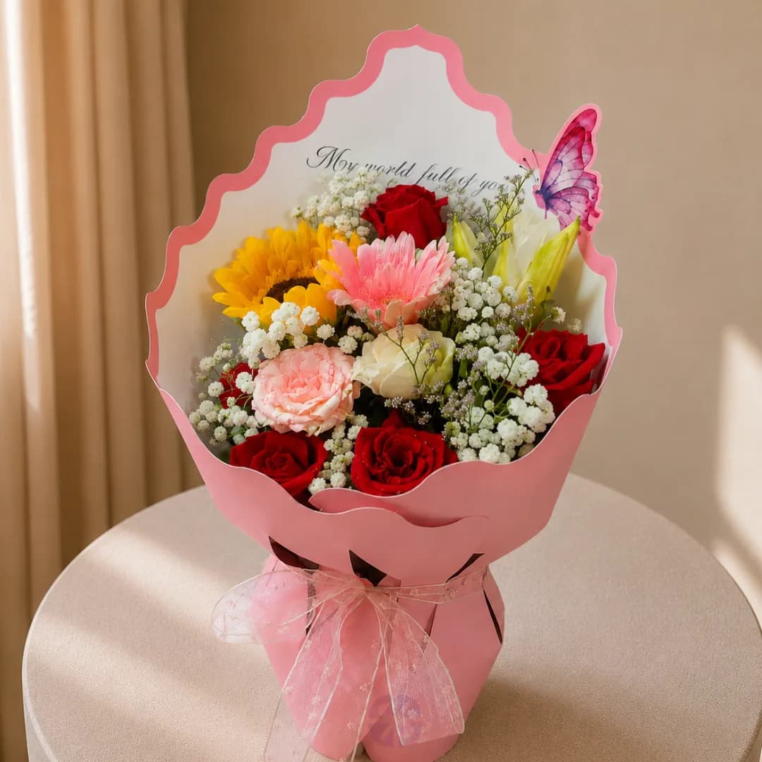 Premium Mixed Fresh Flower Butterfly Bouquet in Pink Crown Wrap