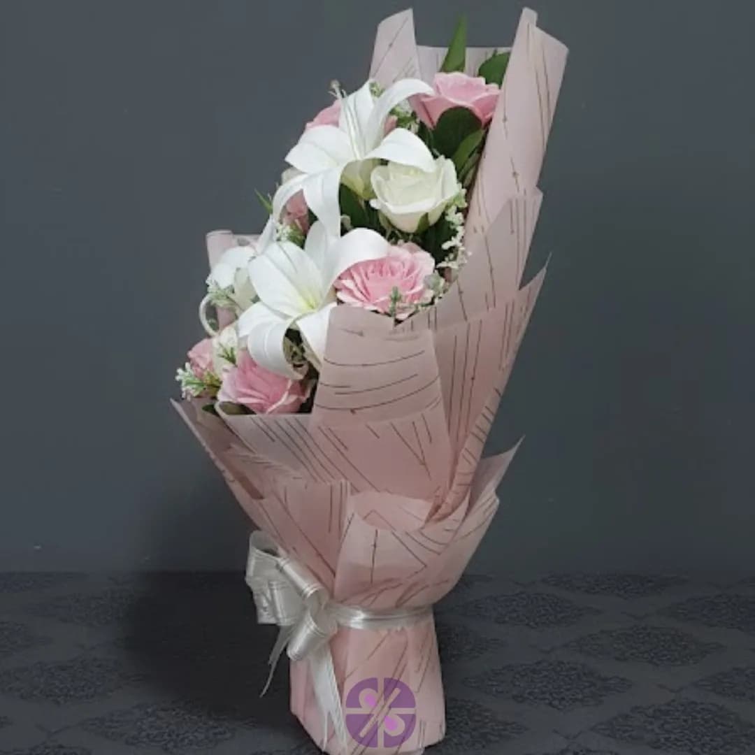 Sweet Serenity Artificial Pink & White Rose Lily Bouquet