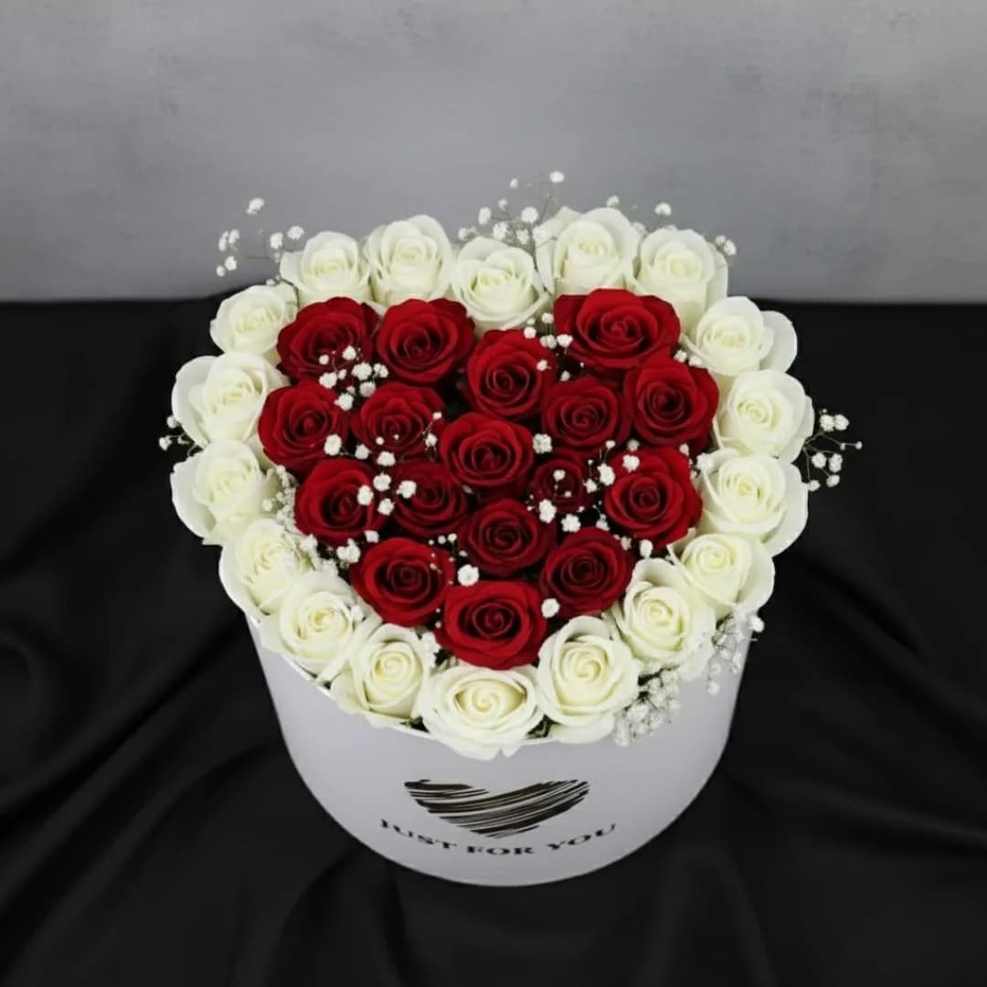 Elegent Red & White Rose Heart Arrangement in "Just For You" Round Box