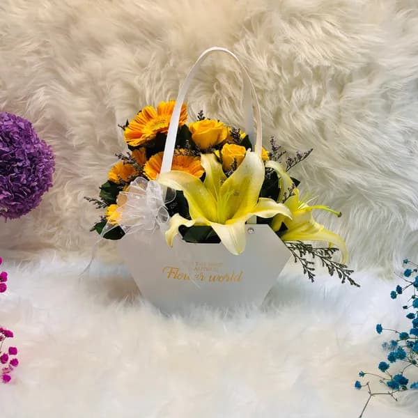 Yellow Harmony Lily, Gerbera & Rose Hexagonal Gift Bag