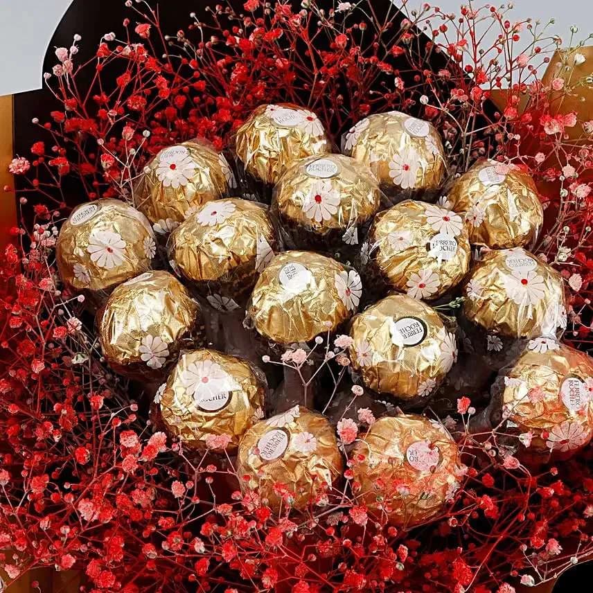 Luxury Ferrero Rocher & Red Gypsophila Bouquet – Elegant Chocolate Gift