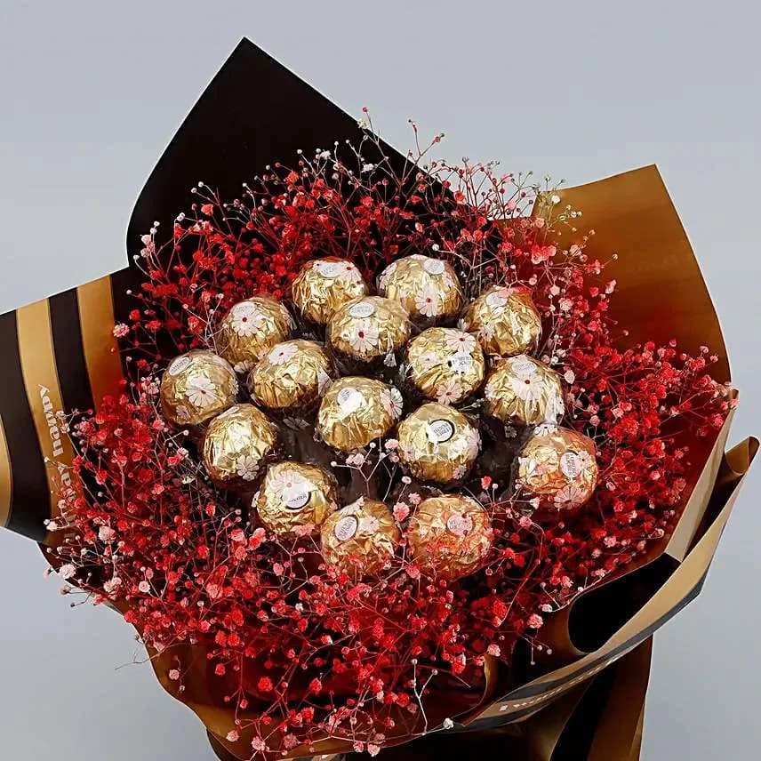 Luxury Ferrero Rocher & Red Gypsophila Bouquet – Elegant Chocolate Gift