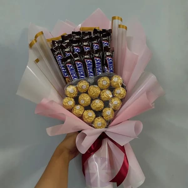 The Ultimate Indulgence Snickers & Ferrero Rocher Heart Bouquet