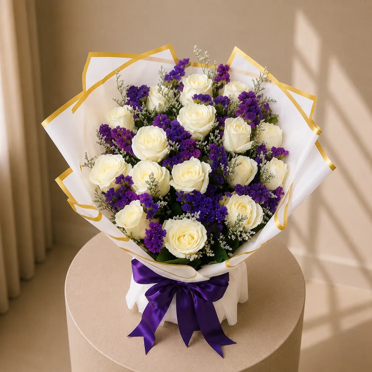Royal Contrast White Rose & Purple Statice Bouquet ?