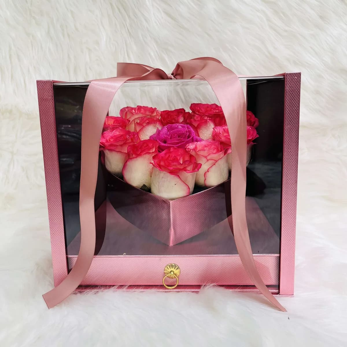 Pink Rose Heart in Luxury Acrylic Window Box with Hidden Ferrero Drawer