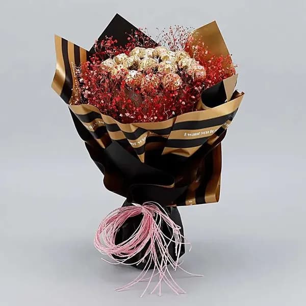 Luxury Ferrero Rocher & Red Gypsophila Bouquet – Elegant Chocolate Gift