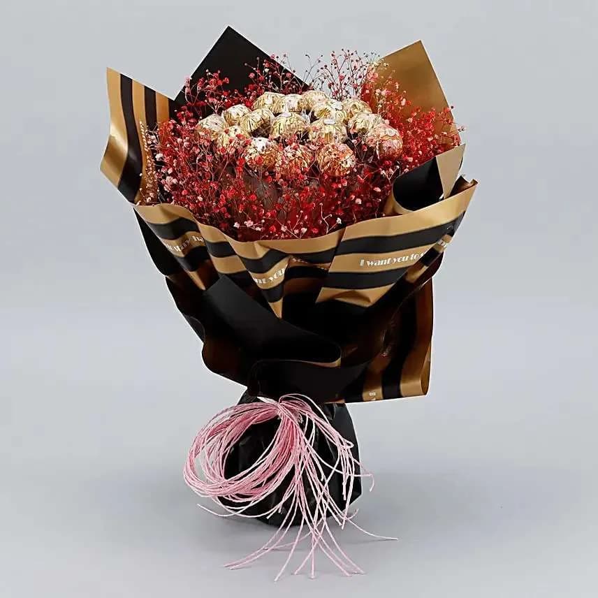 Luxury Ferrero Rocher & Red Gypsophila Bouquet – Elegant Chocolate Gift