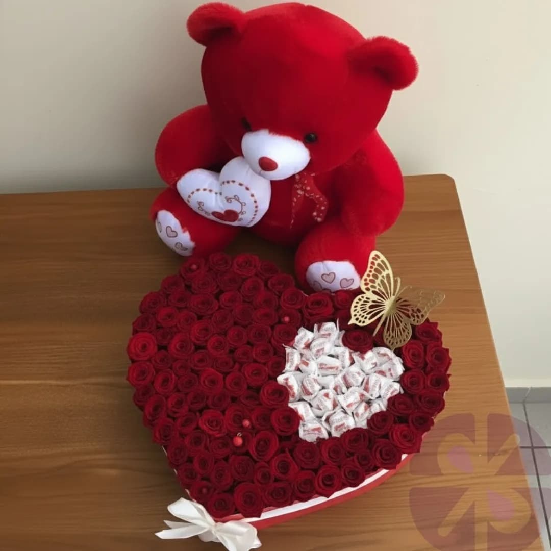 Luxury Love Teddy Bear & Premium 100 Red Roses Heart Box
