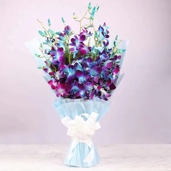 Elegant Blue Orchid Bouquet with Sky-Blue Wrap