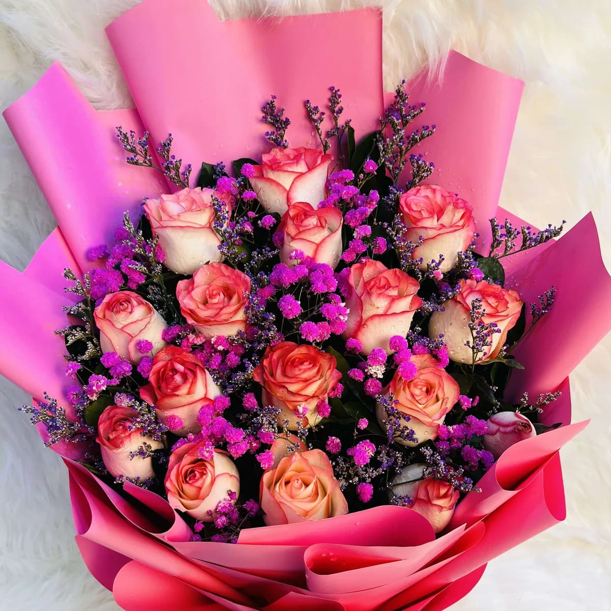 Pink Rose & Gypsy Standing Bouquet with Fresh Limu Greenery