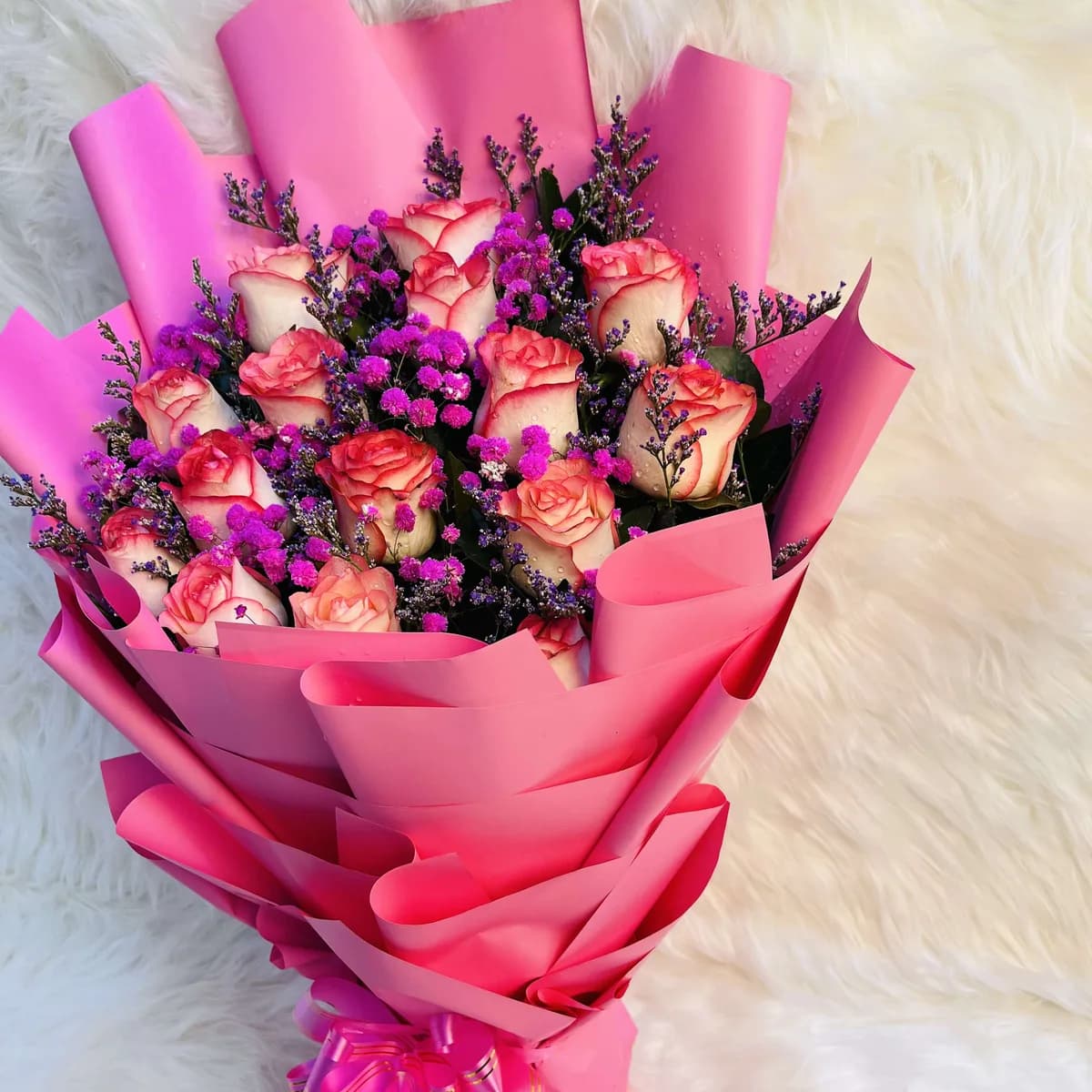 Pink Rose & Gypsy Standing Bouquet with Fresh Limu Greenery