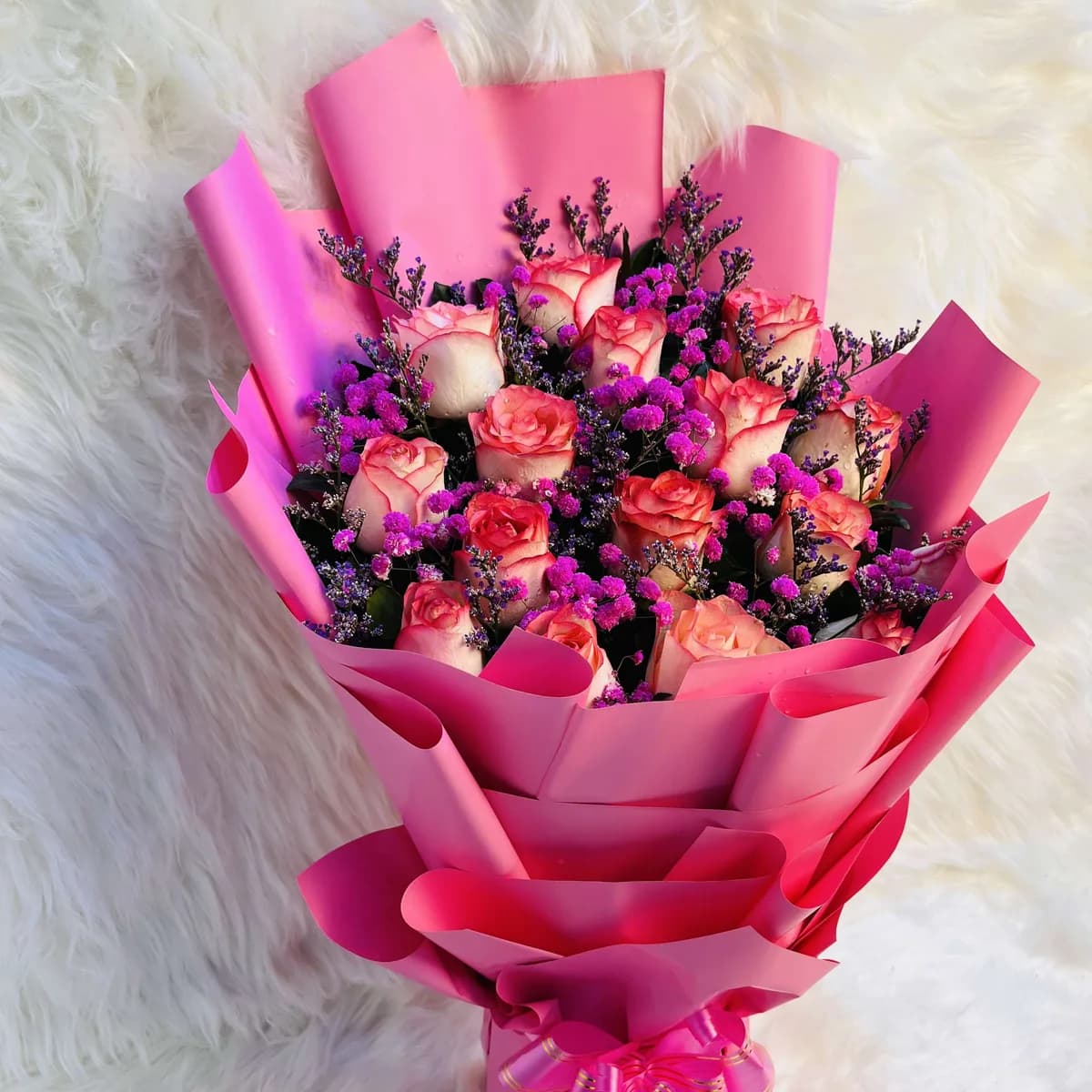 Pink Rose & Gypsy Standing Bouquet with Fresh Limu Greenery