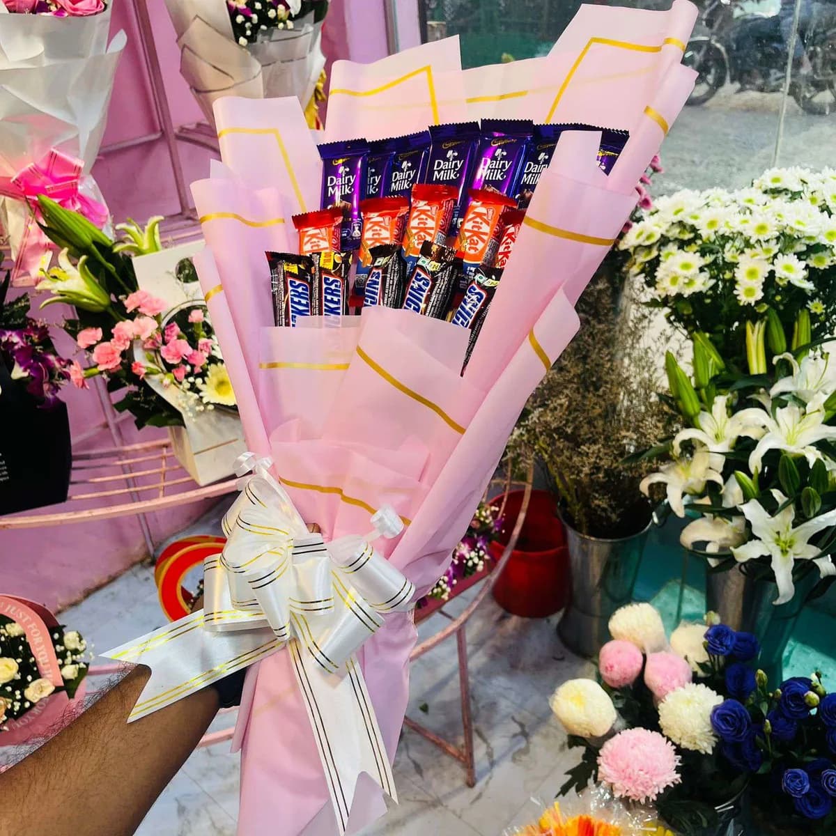 The Sweet Mix Chocolate Bar with Pink Wrap Bouquet