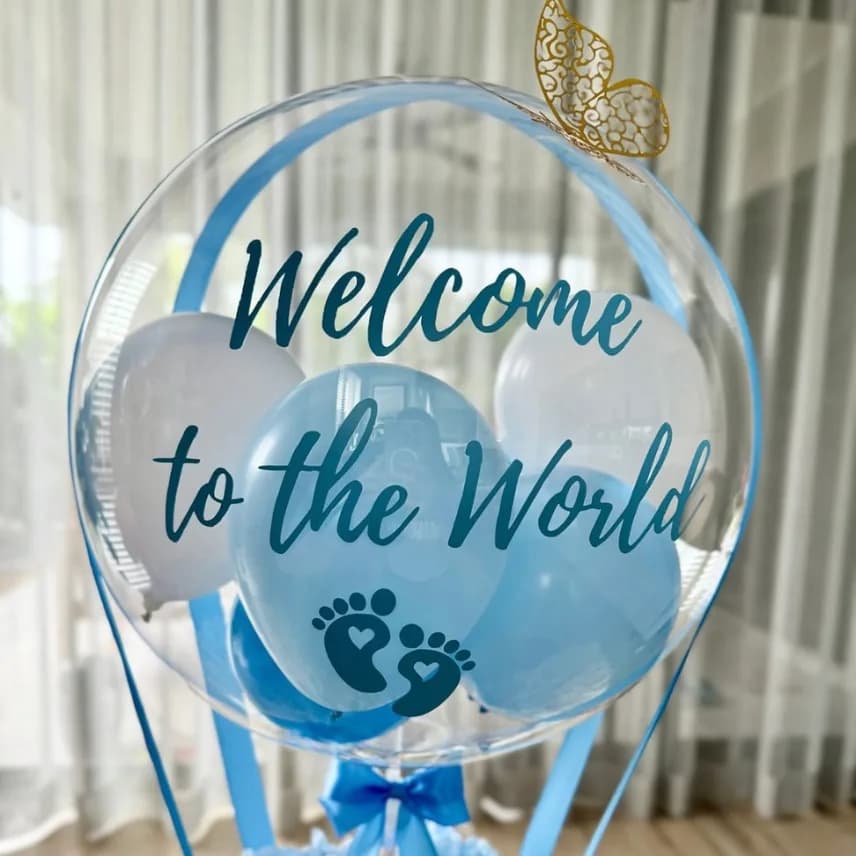 Welcome Baby Boy Balloon Hamper – Personalized Newborn Gift Box with Blue Theme & Chocolates