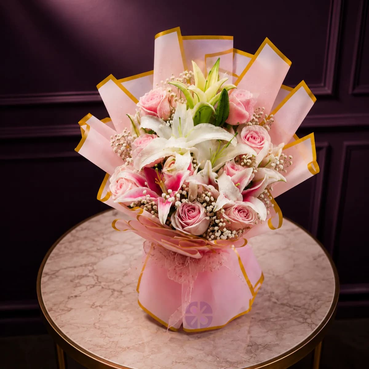 Premium Pink & White Lily with Pink Rose Stand Bouquet