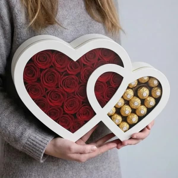 Premium Rose and Ferrero Rocher Arrangement in Interlocking Double Heart Shape Box