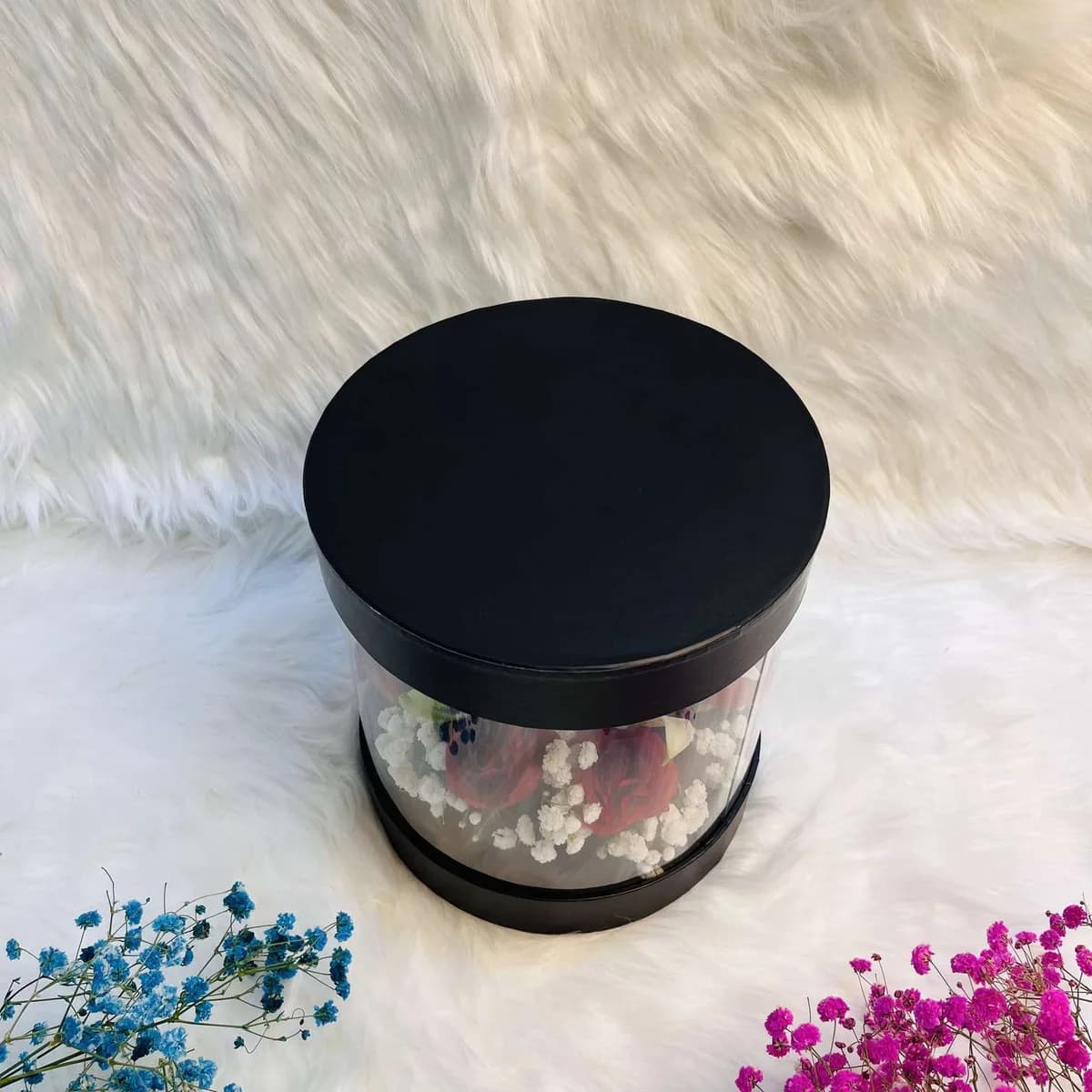 Red Rose & White Lily Arrangement in Transparent Black Round Gift Box