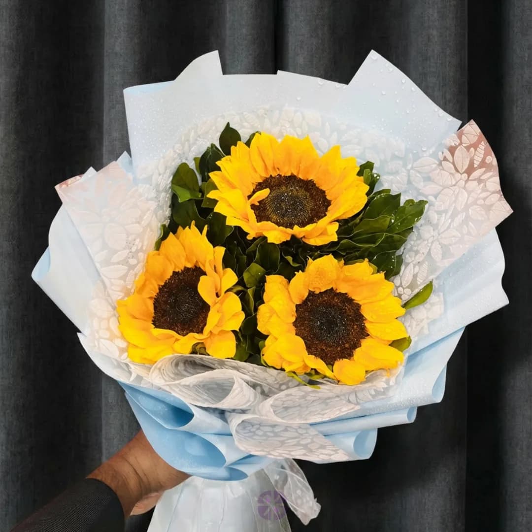 3-Sunflower Hand Bouquet in Sky Blue Floral Wrap