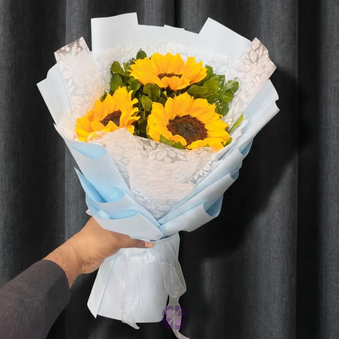 3-Sunflower Hand Bouquet in Sky Blue Floral Wrap