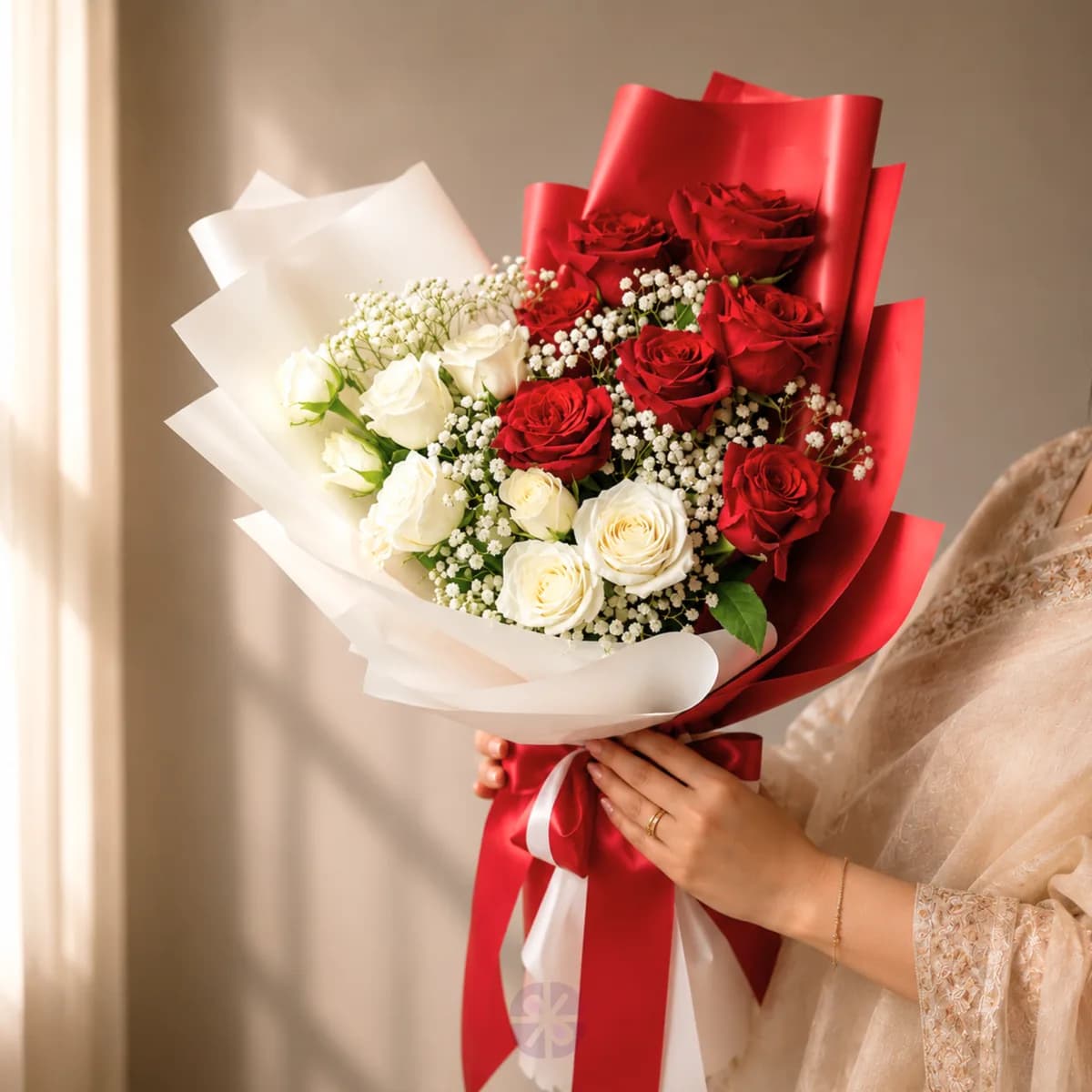 Premium Red and White Rose Fusion Hand Bouquet