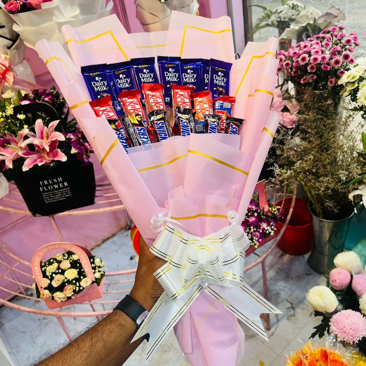 The Sweet Mix Chocolate Bar with Pink Wrap Bouquet