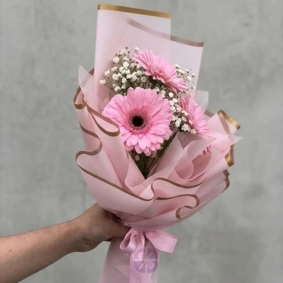 Elegant 3-Stem Baby Pink Gerbera Hand Bouquet
