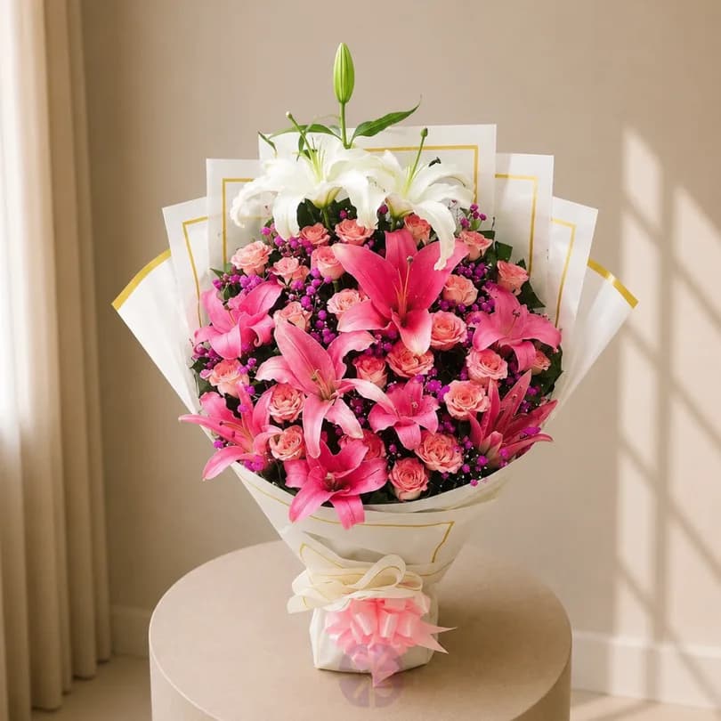 Elegant Pink & White Lily Stand Bouquet with Soft Pink Rose Accents