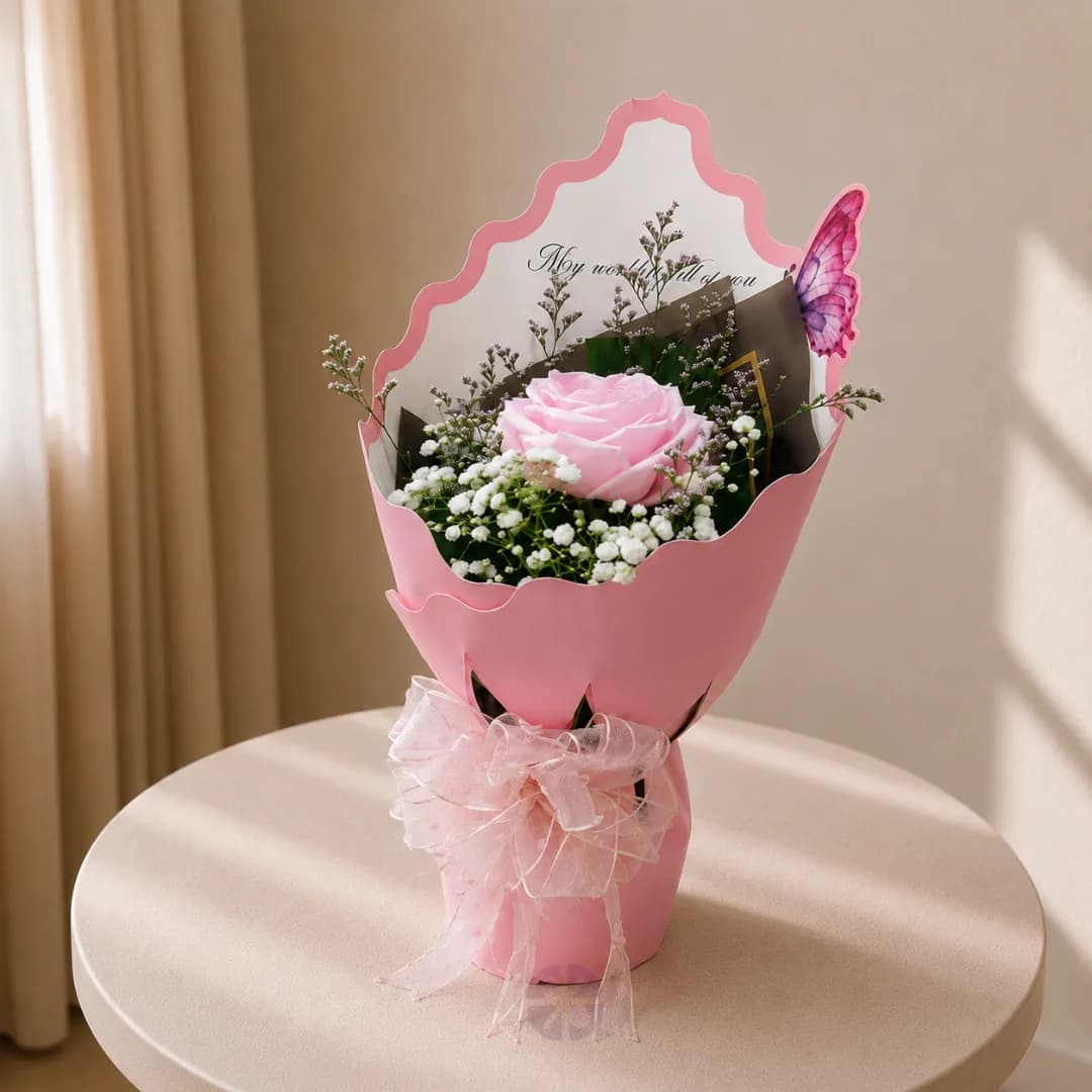 Premium Single Chinese Baby Pink Rose Bouquet with Crown Wrap