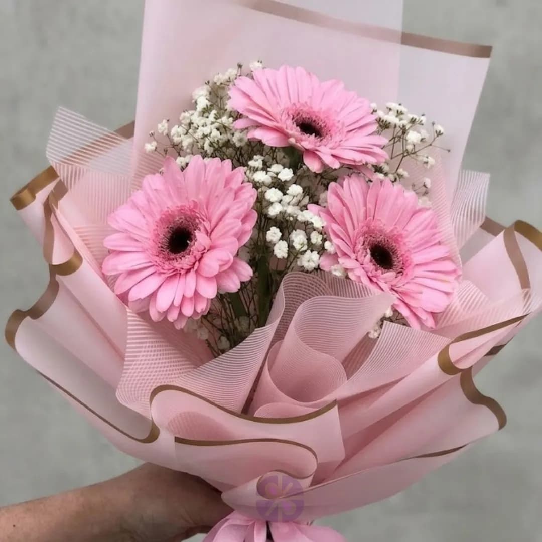 Elegant 3-Stem Baby Pink Gerbera Hand Bouquet