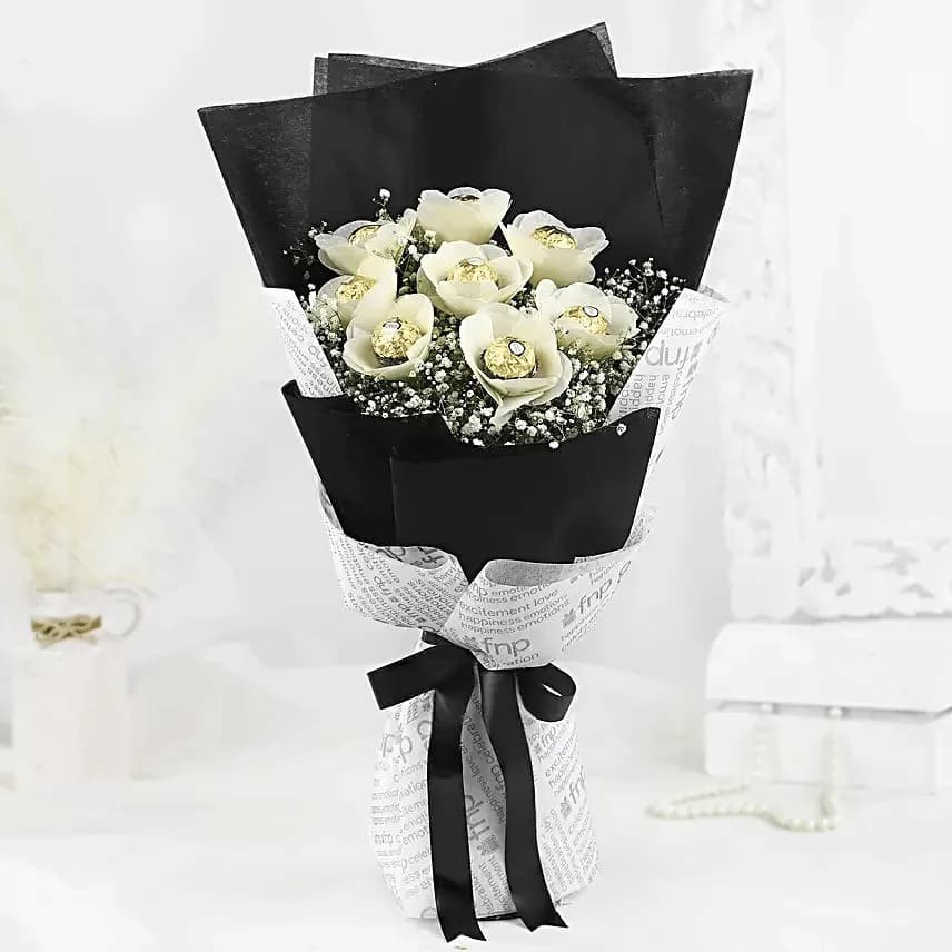 Elegant White Ferrero Rose Bouquet with Black & Script Wrap