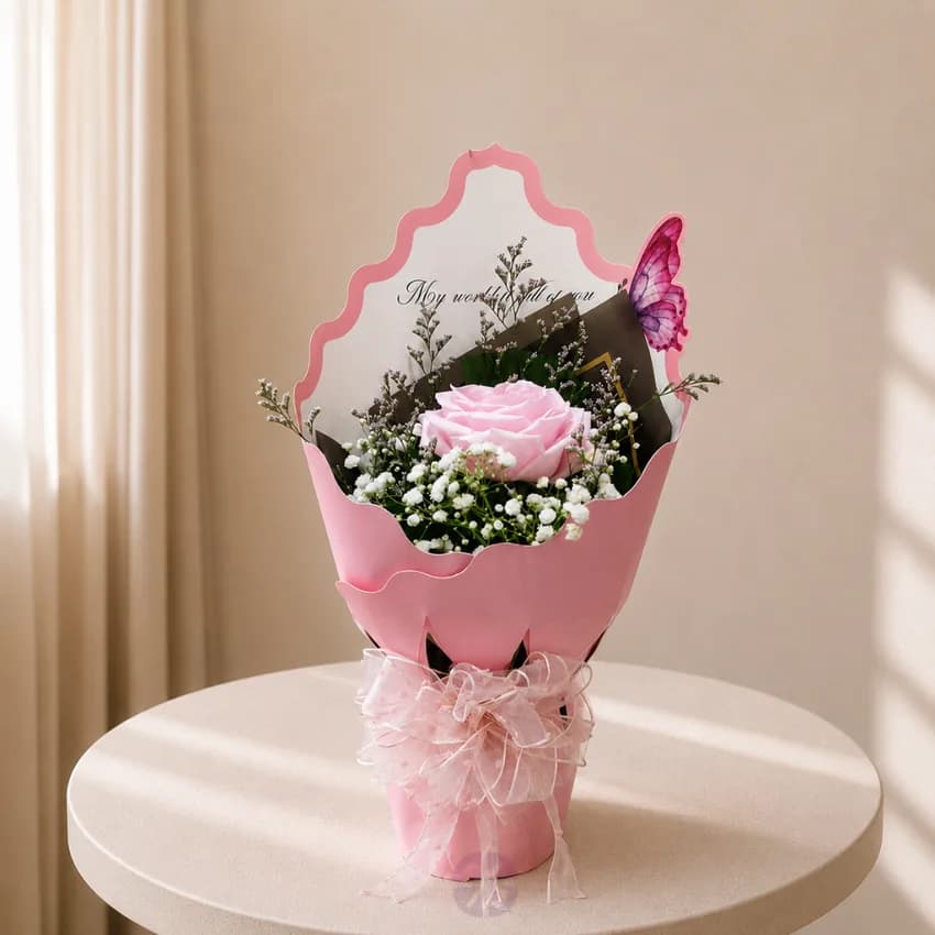 Premium Single Chinese Baby Pink Rose Bouquet with Crown Wrap