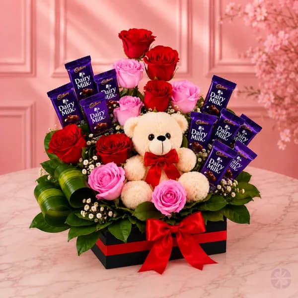 Teddy, Roses & Dairy Milk Chocolate Basket