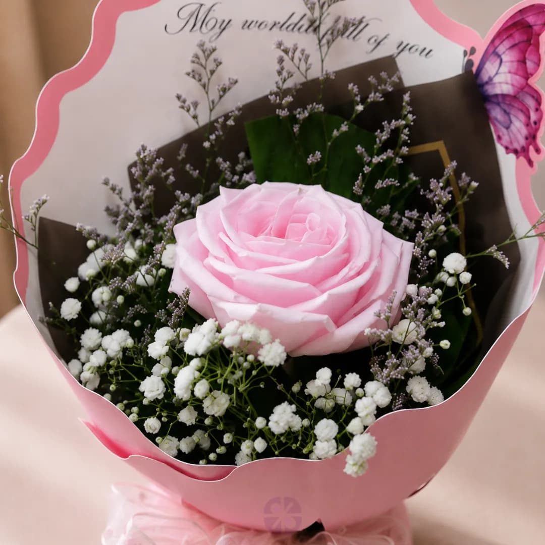 Premium Single Chinese Baby Pink Rose Bouquet with Crown Wrap
