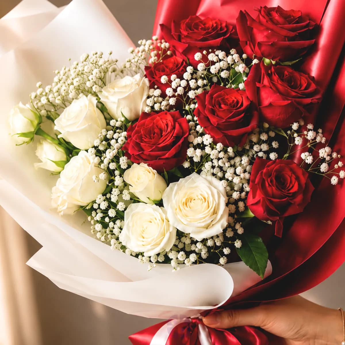 Premium Red and White Rose Fusion Hand Bouquet
