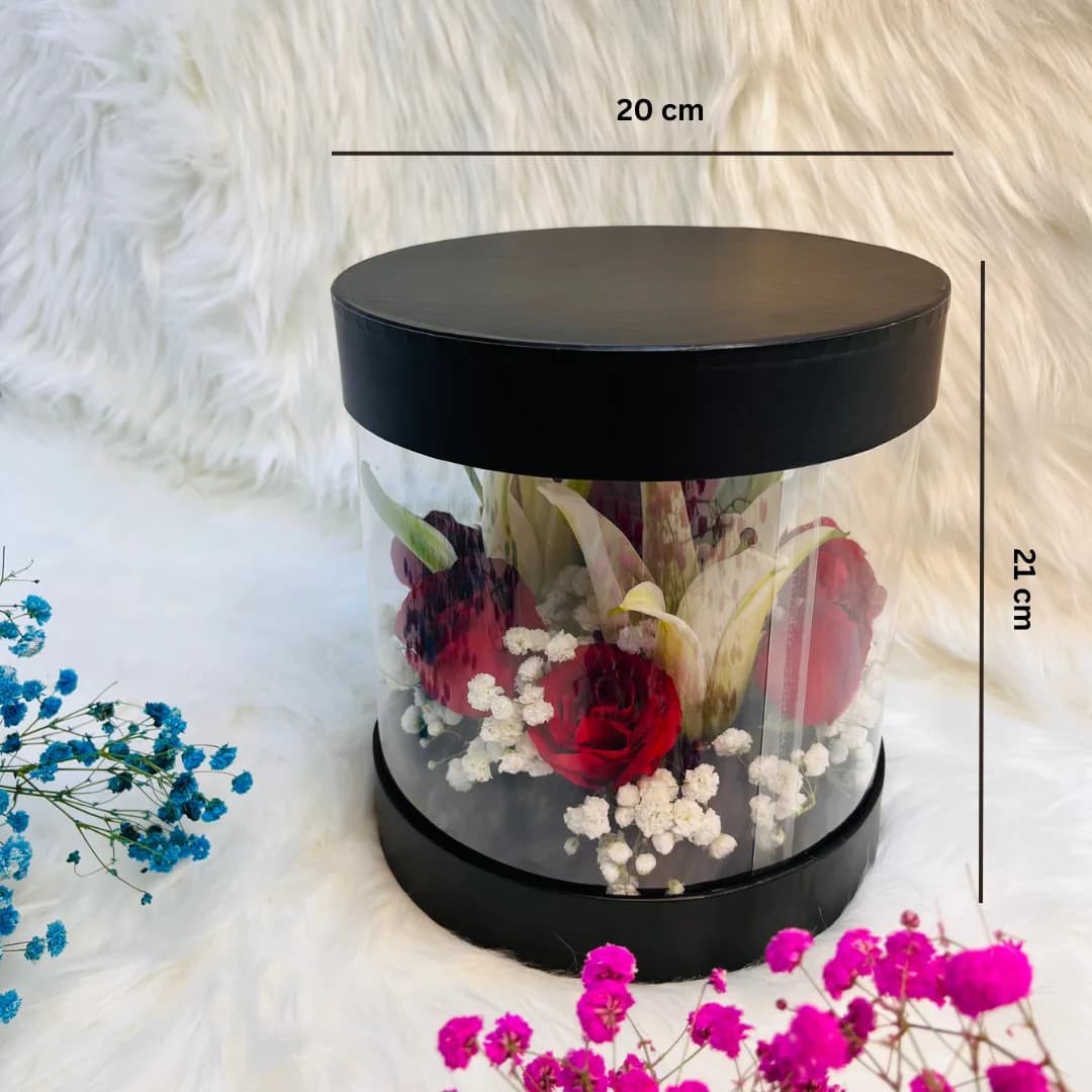 Red Rose & White Lily Arrangement in Transparent Black Round Gift Box