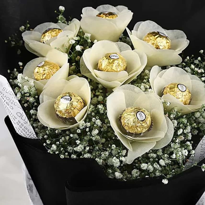 Elegant White Ferrero Rose Bouquet with Black & Script Wrap