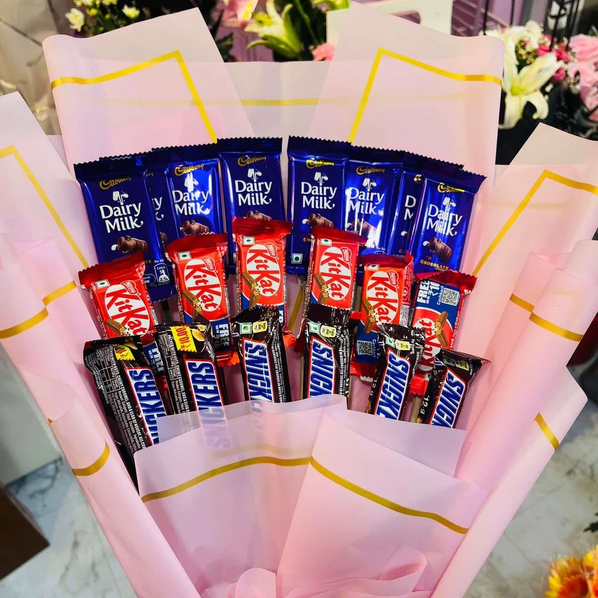The Sweet Mix Chocolate Bar with Pink Wrap Bouquet