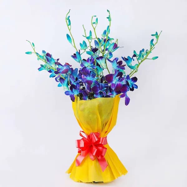 Vibrant Blue Orchid Bouquet with Yellow Wrap