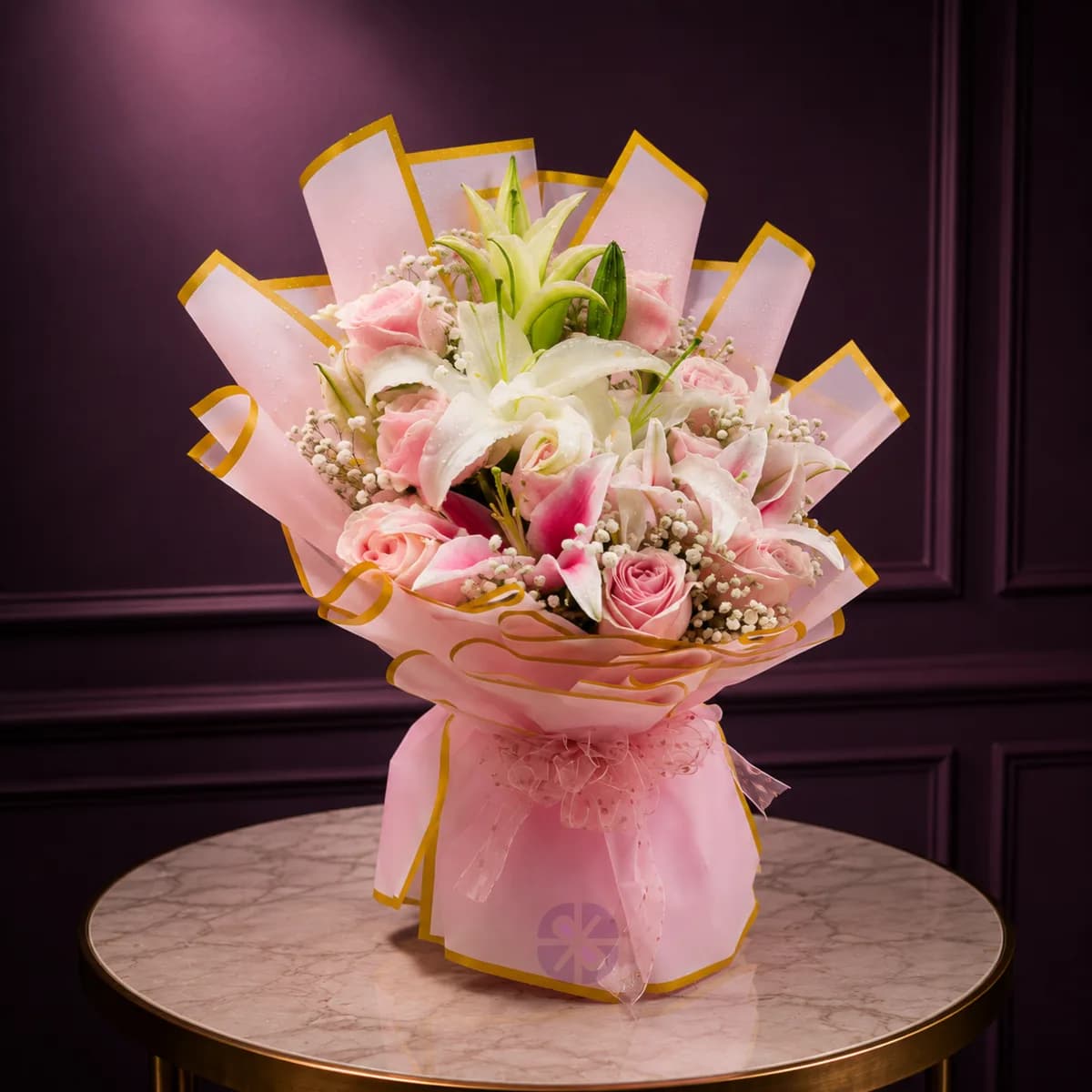 Premium Pink & White Lily with Pink Rose Stand Bouquet