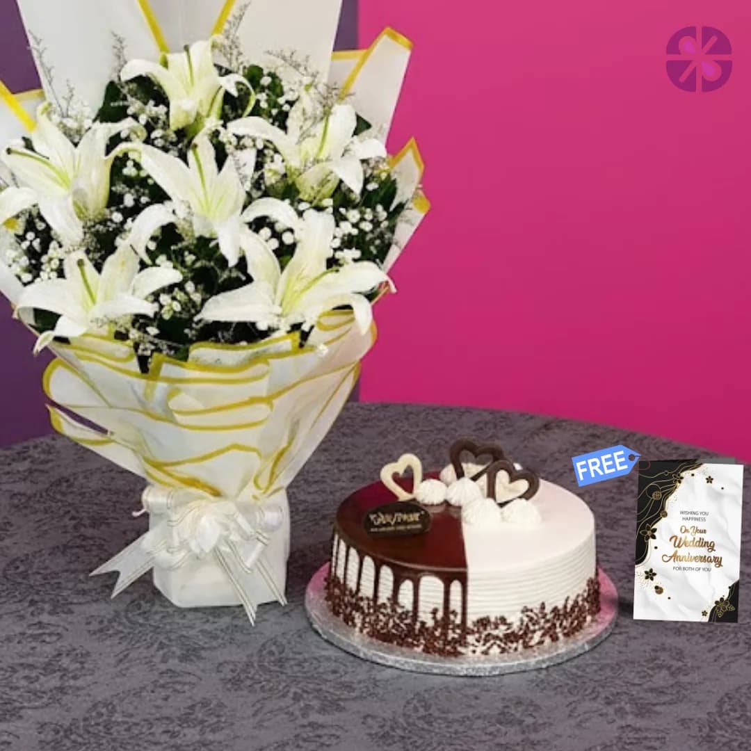 Pure Elegance Fresh Lily Stand Bouquet & Premium Cake Anniversary Combo