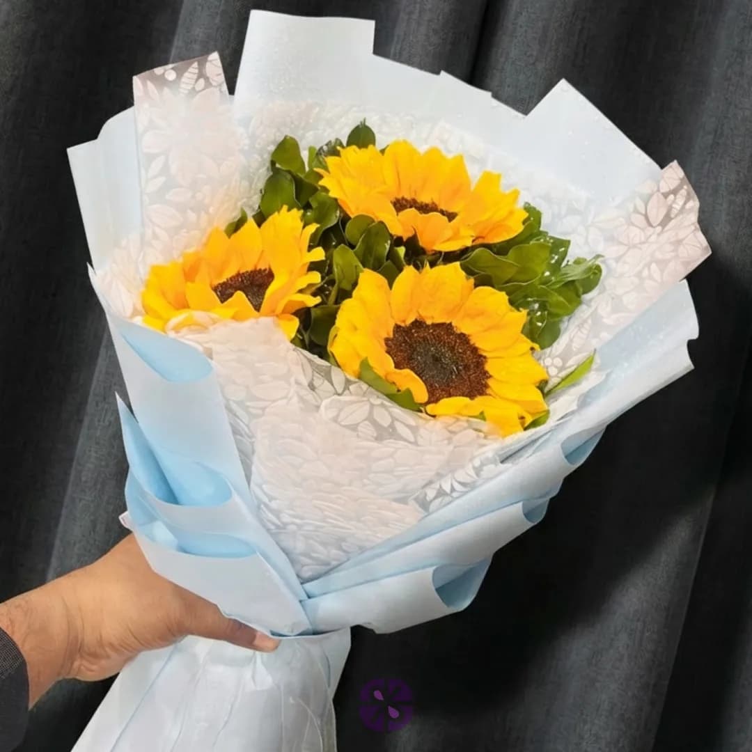 3-Sunflower Hand Bouquet in Sky Blue Floral Wrap